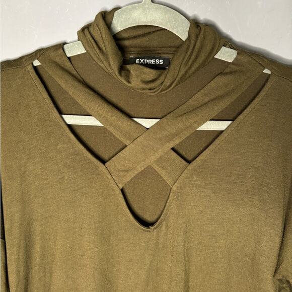 Express Olive Green Dolman Sleeve Top Criss Cross Cutout Modal Blend Size Small - Picture 2 of 7